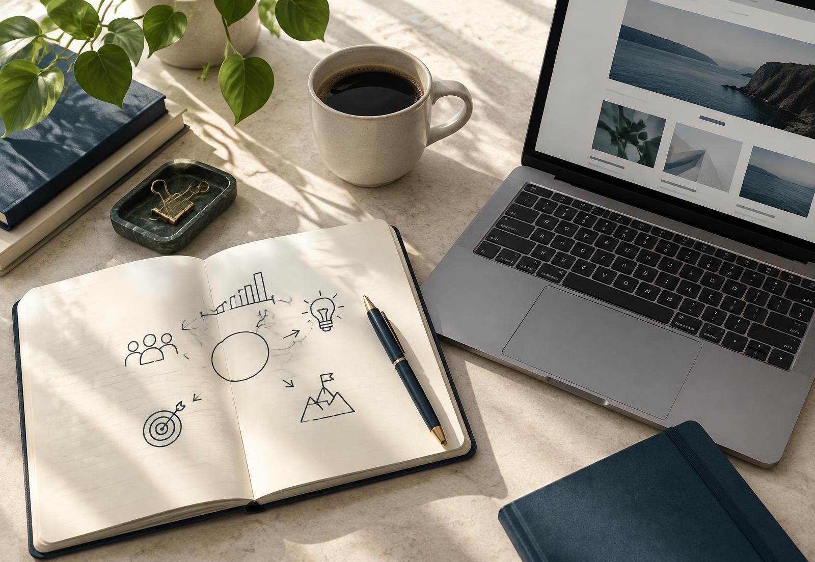 A planning notebook with a strategy sketch beside a laptop showing a website layout
